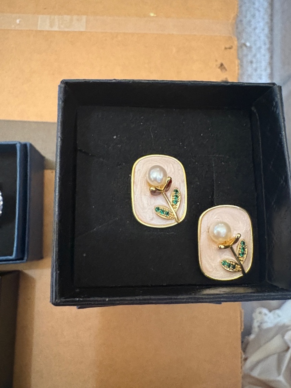 Gold Pearl & Pink Enamel Leaf Earrings with Emerald Accents